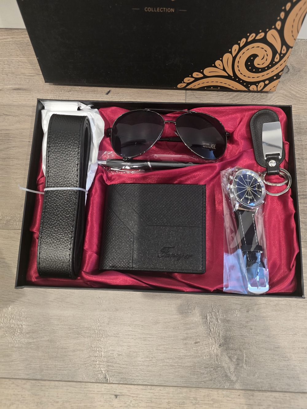Men's Black Travel Accessory Gift Set - Wallet, Belt, Sunglasses, Watch, Keyring
